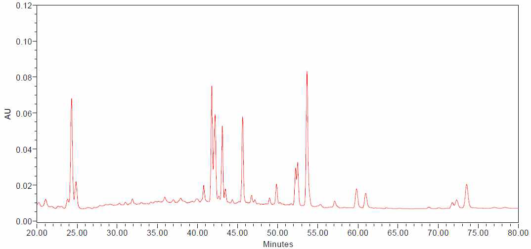 HPLC chromatogram of ginsenosides detected from the ginseng berry extracts processed with ultrasonication for 12 hours (UGB-12)