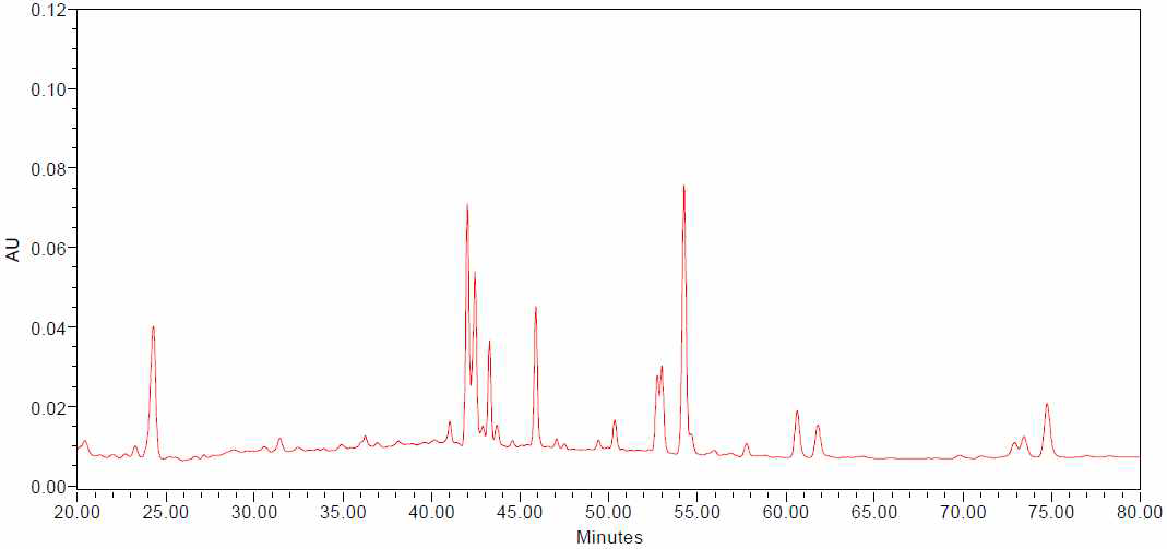 HPLC chromatogram of ginsenosides detected from the ginseng berry extracts processed with ultrasonication for 18 hours (UGB-18)