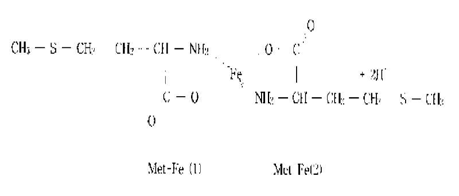 현재 시판 사료첨가제로서의 대표적 유기태화 미네럴 제제 구조(예: Fe-메치오닌, 구조 : Aminate Type, 근거 : 특허출원(1020030055368, 2003.08.11.)