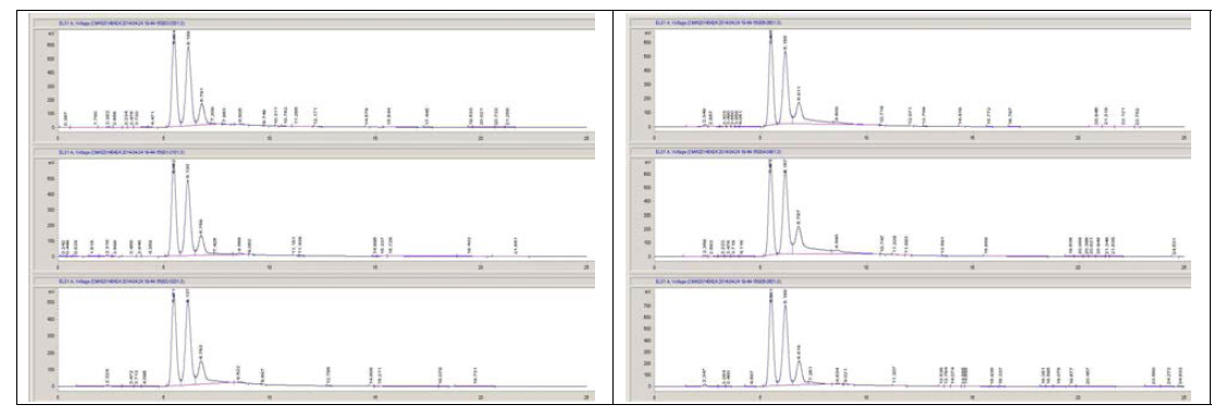 HPLC를 이용한 주정 비율별 키위 추출물의 유리당 분석 그래프