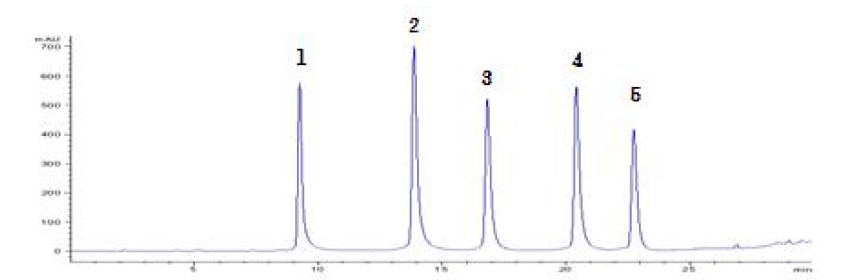 5종의 플라보노이드의 HPLC 분석 그래프