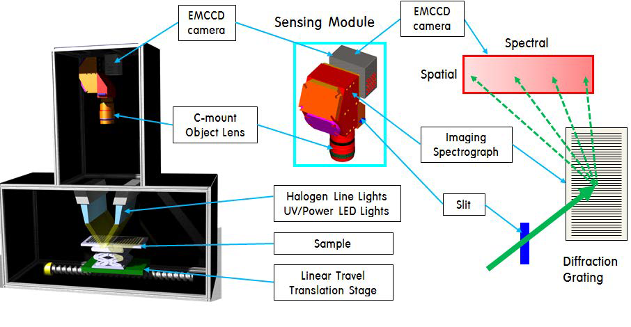 Line-scan 방식 초분광 영상 시스템의 개략도.