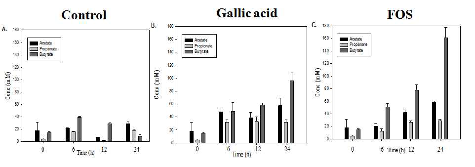 in vitro formation of short chain fatty acids, acetic, propionic, butyric acid formed in 24h; from Control (A), gallic acid (2 mg/ml) (B) and FOS (1 %, w/v) (C) by human fecal microbiota