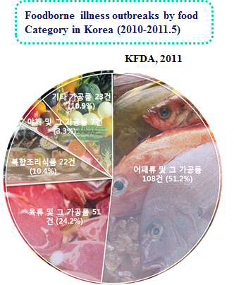 국내 식품유형별 식인성 질환 발병 건수(비율)