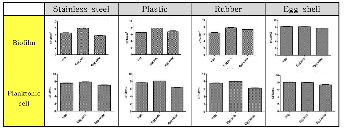 Salmonella Enteritidis 균의 재질 및 배지별 바이오필름 형성능과 부유세균 비교