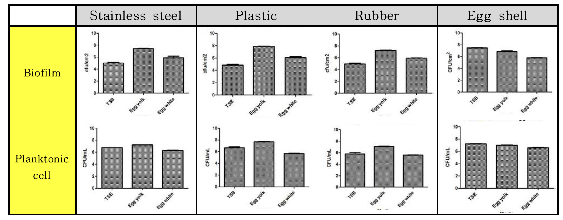 Pseudomonas aeruginosa 균의 20 °C 온도에서의 재질 및 배지별 바이오필름과 부유세균 형성능 비교