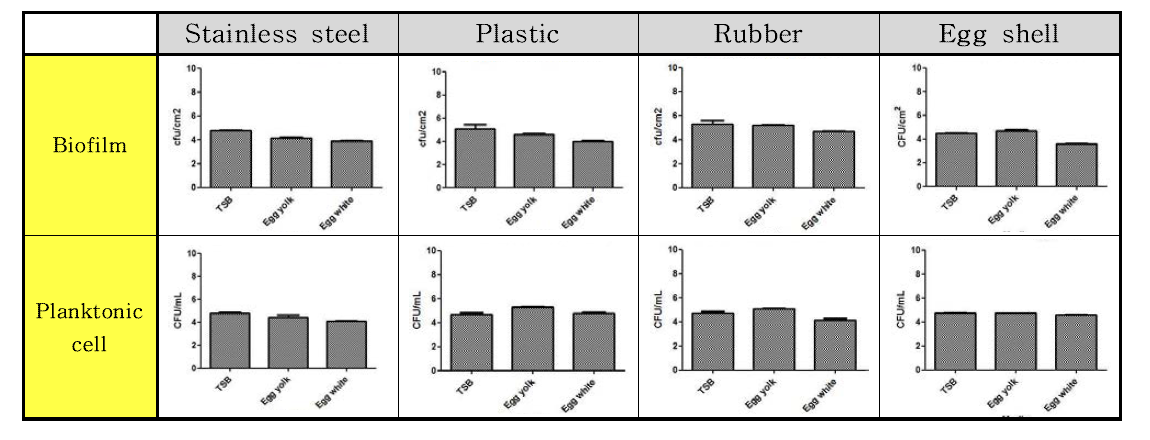 Salmonella Enteritidis 균의 10 °C 온도에서의 재질 및 배지별 바이오필름 형성능과 부유세균 비교