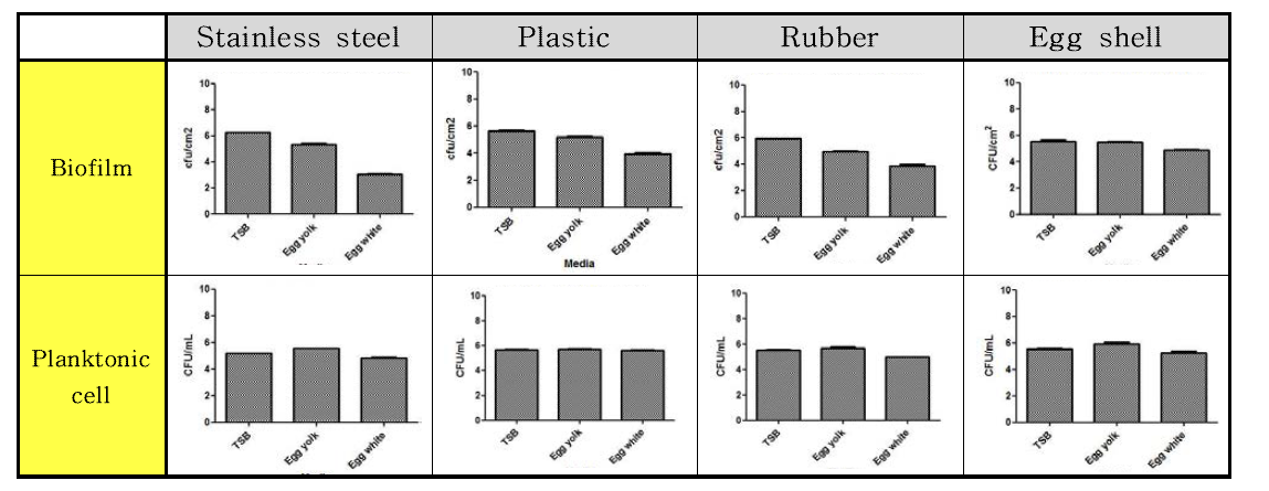 Pseudomonas aeruginosa 균의 10 °C 온도에서의 재질 및 배지별 바이오필름 형성능과 부유세균 비교
