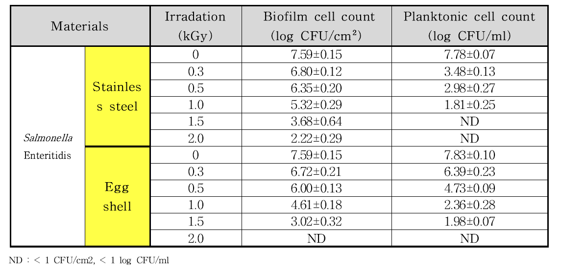 Gamma irradiation 처리에 따른 바이오필름과 부유세균 수치