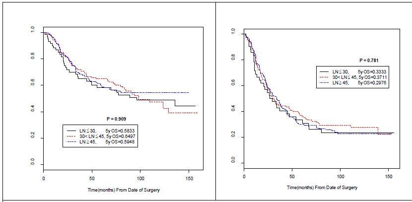 Kaplan-Meier disease-free survival curves according to total number of lymph nodes examined (≤ 30, 31-45, >45) for all patients and for each stage subgroup.