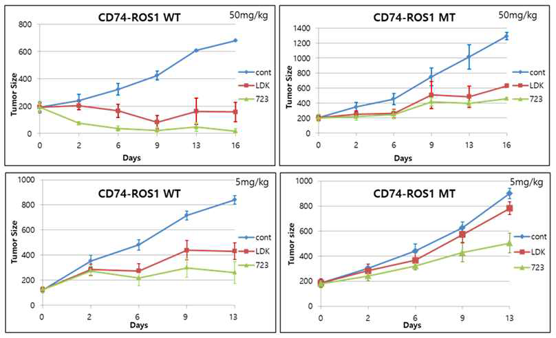 ROS1 FUSION 단백질 과발현된 BaF3 세포주를 이용한 마우스 모델에서 in vivo efficacy 검증