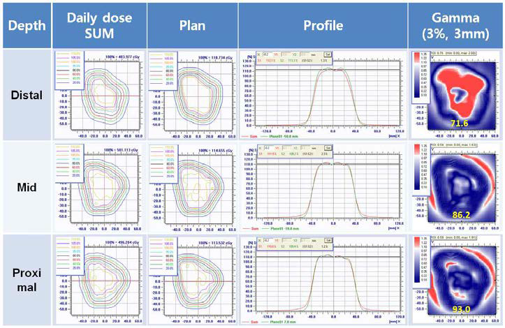 PBS 치료계획에서 계산된 선량 분포와 환자 QA측정값들의 치료깊이 별 비교