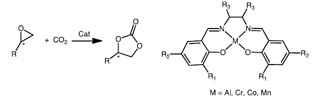 Synthesis of cyclic carbonates from the ring-opening reaction of epoxide with CO2, left. Widely utilized (salen)M scaffold, right.