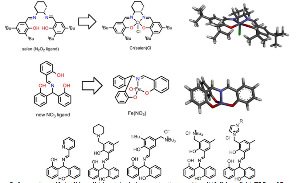 Conventional [Salen]M scaffold: octahedral geometry (top) vs. New [NO3]M scaffold: TBP or SP geometry (middle) and a series of NO3 type ligands (bottom).