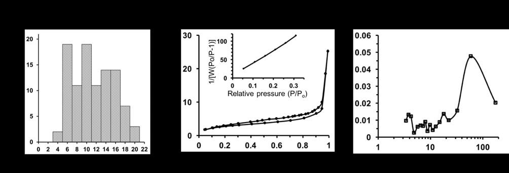제조된 다공성 PMMA 미립구의 (a) 입자 크기 분포, (b) 비표면적 측정 그래프, 및 (c) 공극 크기 분포도.