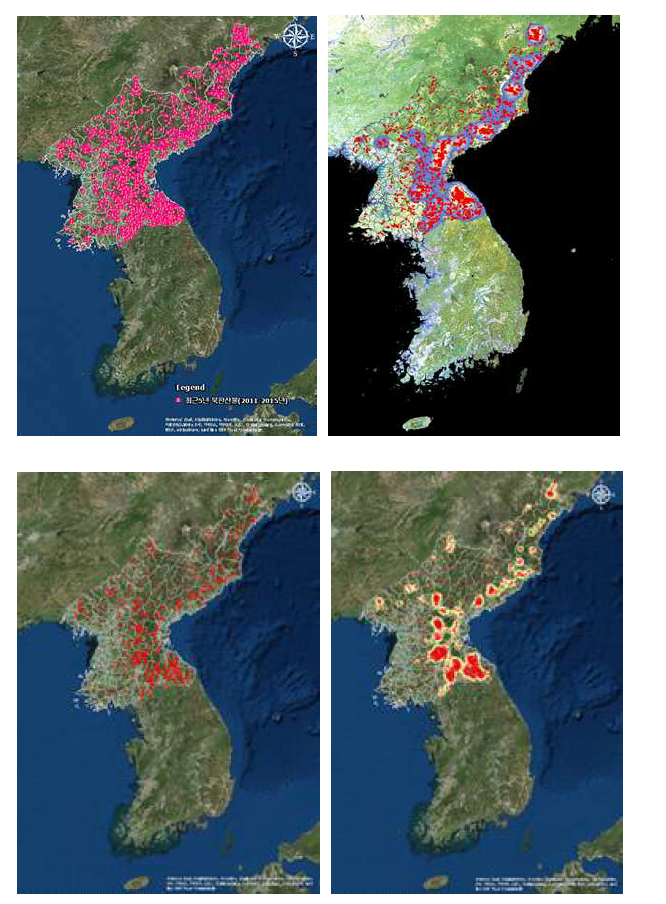 최근 5년간 위성정보로부터 추출한 접근불능지역 산불발생 위치 및 빈도(상단)와 2014년 산불 발화지점 정보 및 발생 빈도(하단)