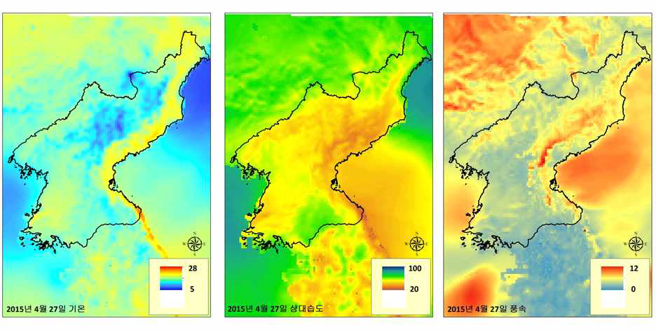 기상청 초단기 실황 재분석 자료를 이미지 한 2015년 4월 27일에 대한 기온(좌), 상대습도(중), 풍속(우) 정보.