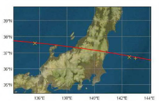일본 해안선을 중심으로 확대해서 본，지상에 투영된 발사체의 궤적과 낙하점
