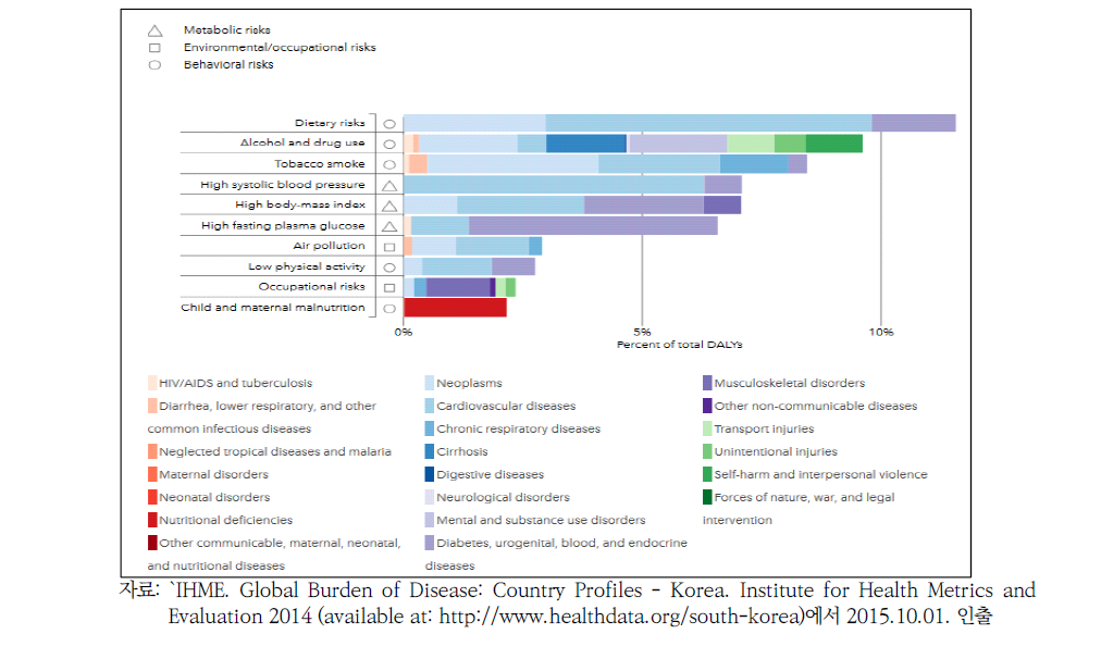 주요 위험 요인의 질병 부담 기여, 2013년