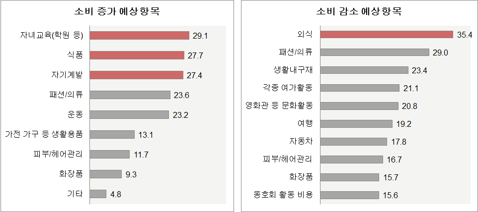 항목별 소비 증가와 감소 예상