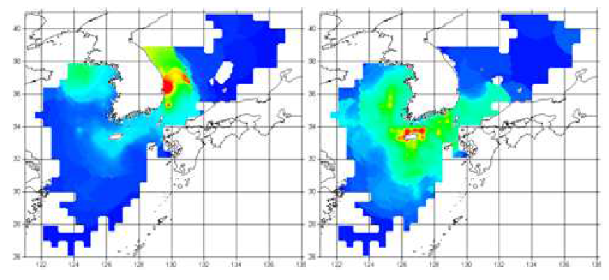 1998-2010년 국내산 가자미(좌) 및 삼치(우) 어획량 분포도