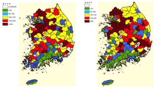 전국 시군별 양분(질소․인산) 초과율 분포도