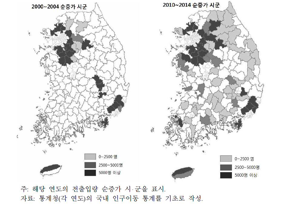 연도별 인구 순전입 시 군 분포 변화