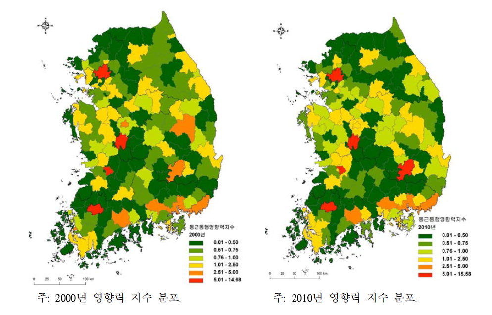 통근통행 영향력 지수 변화(2000-2010년)