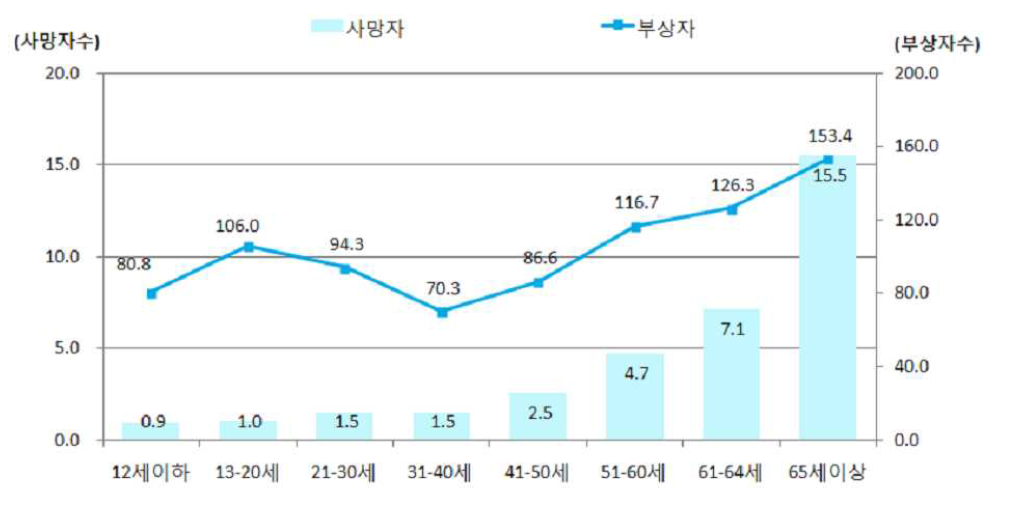 연령층별 인구10만명당 보행중 사망자수