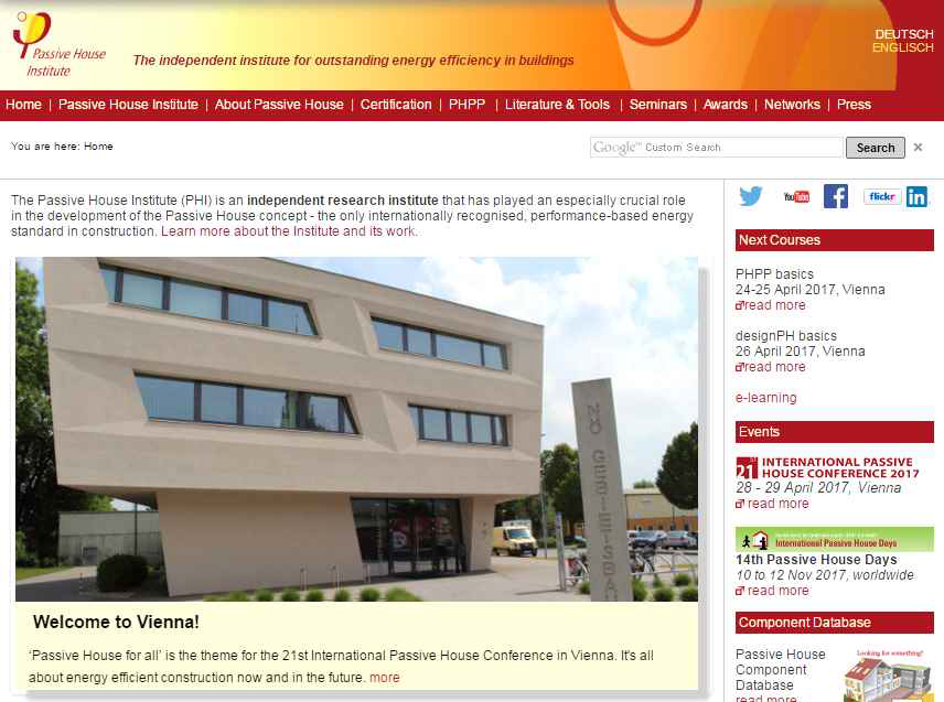 독일 Passive House Institute(PHI)의 홈페이지