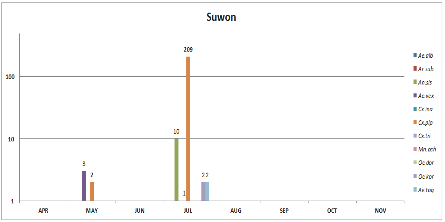월별 채집된 모기의 개체수 (수원)