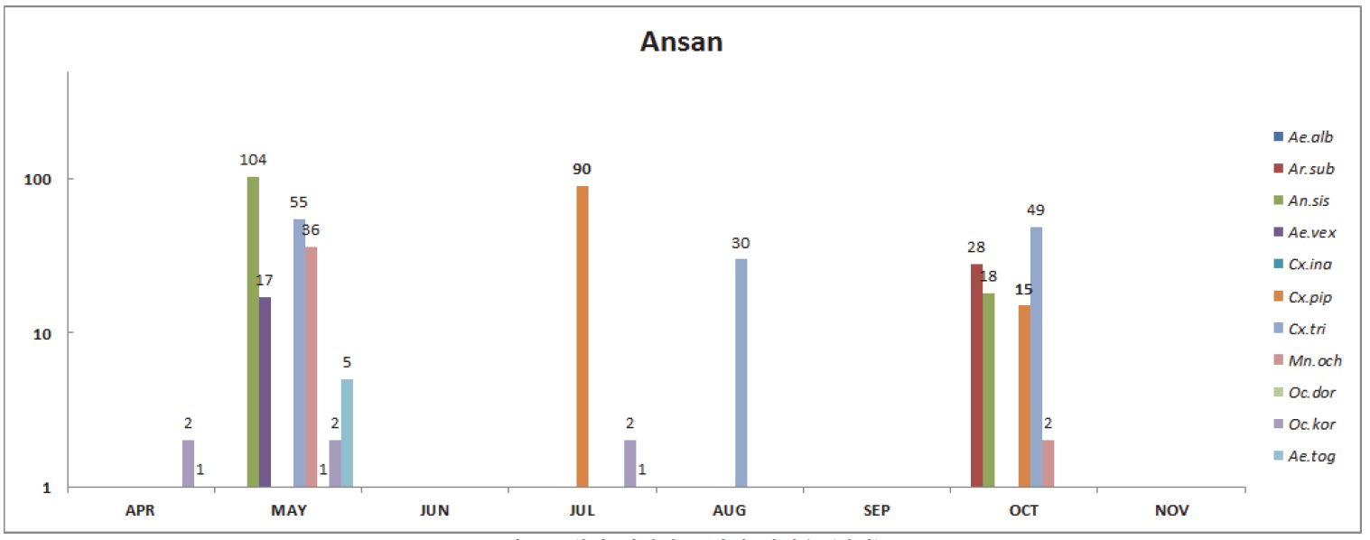 월별 채집된 모기의 개체수 (안산)