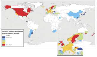 1980-2008년 사이 크론병의 발병률 및 유병률 지도