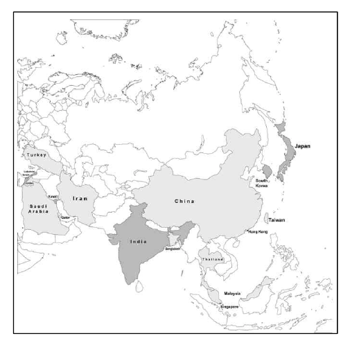 Map of countries in Asia with inflammatory bowel disease. Area shaded dark gray represents countries with incidence and/or prevalence data, area shaded light gray represents countries with IBD cohorts described.