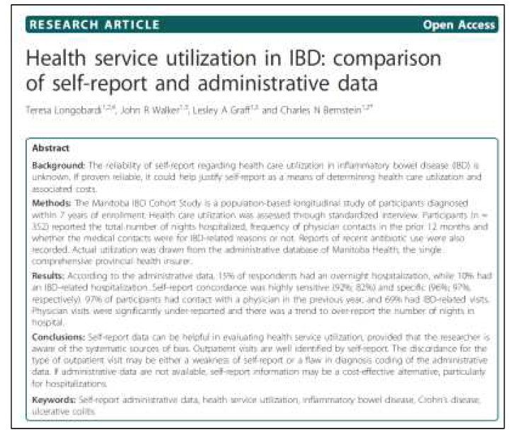 Manitoba 코호트에서 제출한 논문. 염증성 장질환 환자들의 의료기관 이용 행 태를 조사