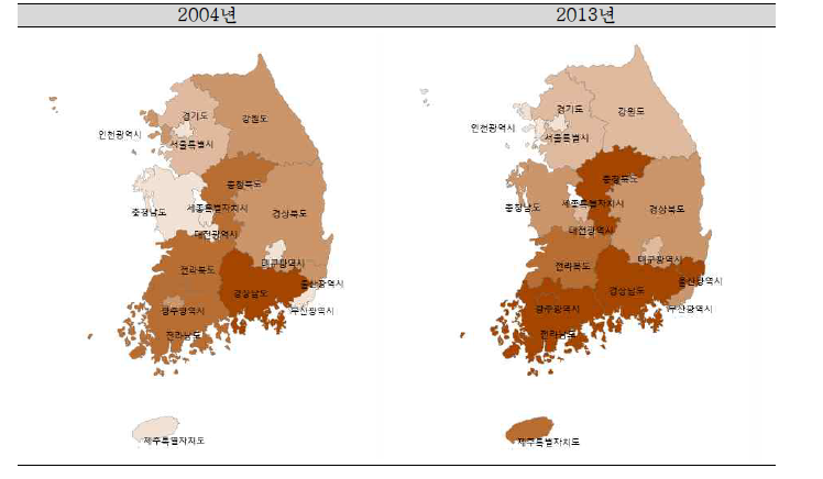 2004년/2013년 시점의 시·도 지역별 운수사고로 인한 손상 연령표준화 입원율