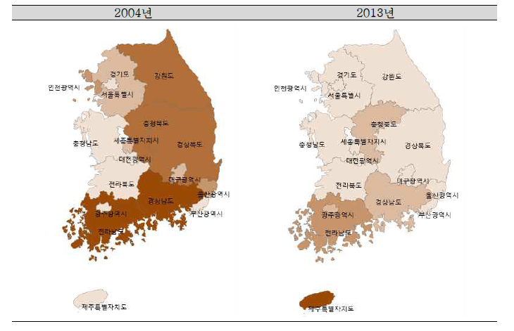 2004년/2013년 시점의 시·도 지역별 폭력사고로 인한 손상 연령표준화 입원율 분포