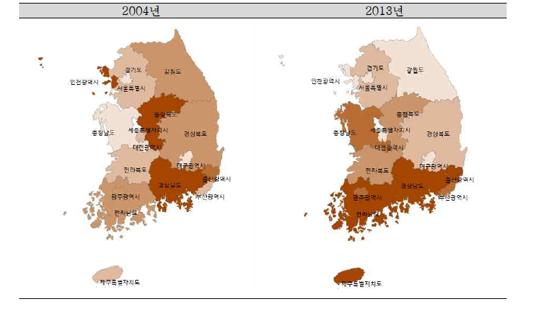 2004년/2013년 시점의 시·도 지역별 아동 (만 19세 이하)의 보행자 운수사고 연령표준화 입원율 분포