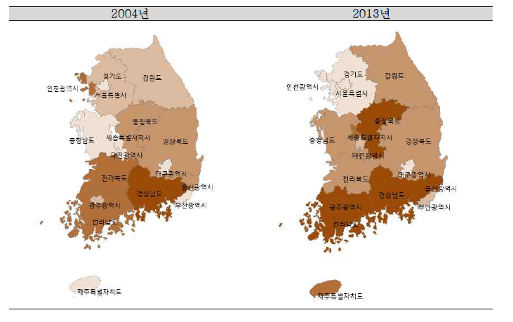 2004년/2013년 시점의 시·도 지역별 전체손상 연령표준화 입원율 분포