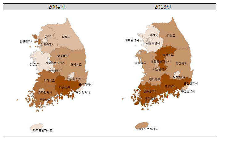 2004년/2013년 시점의 시·도 지역별 비의도적손상 연령표준화 입원율 분포