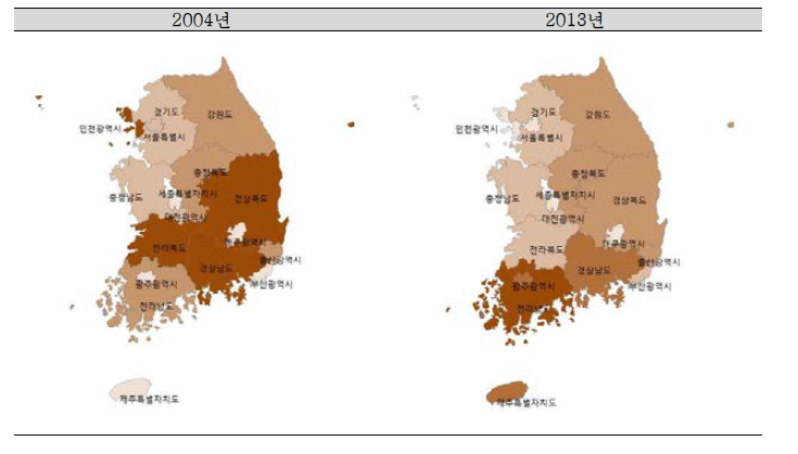 2004년/2013년 시점의 시·도 지역별 아동(0-19세) 손상 연령표준화 입원율 분포