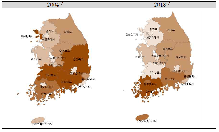 2004년/2013년시점의시·도지역별아동(0-19세)의비의도적손상연령표준화입원율분포