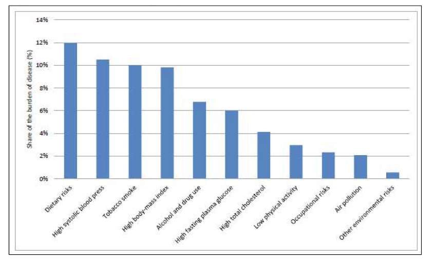 Share of the burden of diseases(DALY’s) ascribable to selected risk factors in OECD countries, 2003