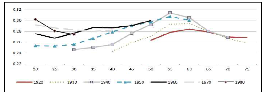 Income Gini by cohort and age groups, average across OECD countries