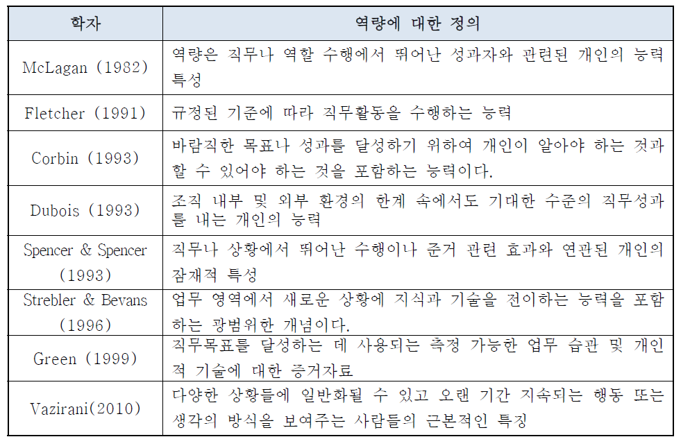 역량에 대한 학자별 정의