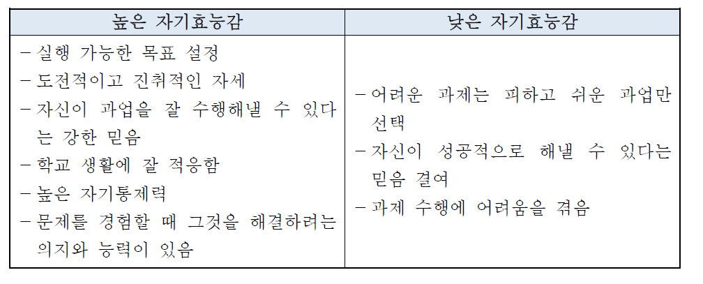 자기효능감 수준에 따른 특징