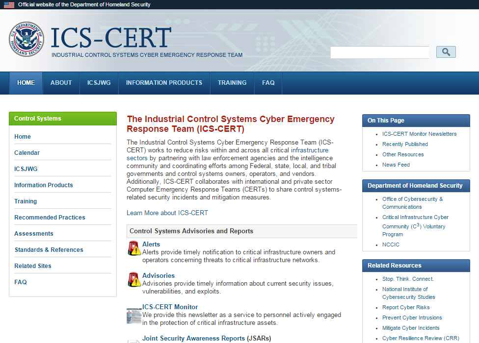 미국 ICS-CERT 홈페이지