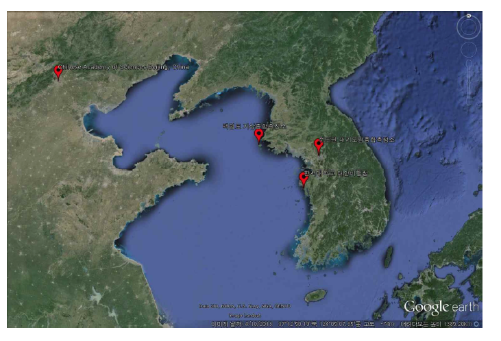 백령도 대기 오염 집중 측정소 위치 (red dots)