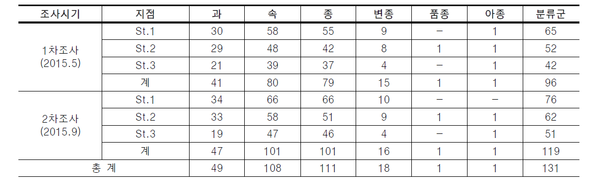 목감천의 식물 분포 현황(전체 조사결과)