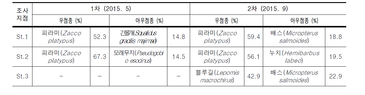 경안천의 조사지점별 어류 우점 및 아우점종 현황